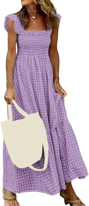 Women's Retro Plaid Smocked Dress Square Neck Spaghetti Strap Summer Boho Ruffle Casual Flowy Beach Maxi Dresses