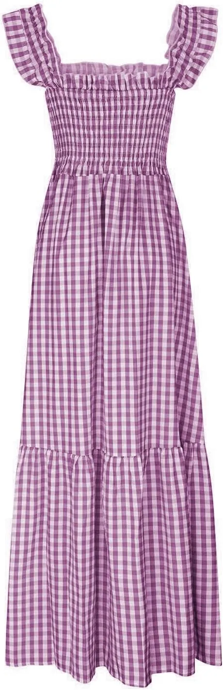 Women's Retro Plaid Smocked Dress Square Neck Spaghetti Strap Summer Boho Ruffle Casual Flowy Beach Maxi Dresses