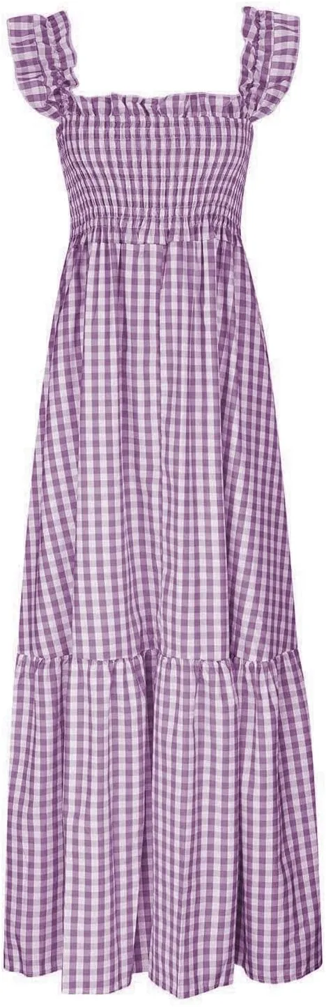 Women's Retro Plaid Smocked Dress Square Neck Spaghetti Strap Summer Boho Ruffle Casual Flowy Beach Maxi Dresses