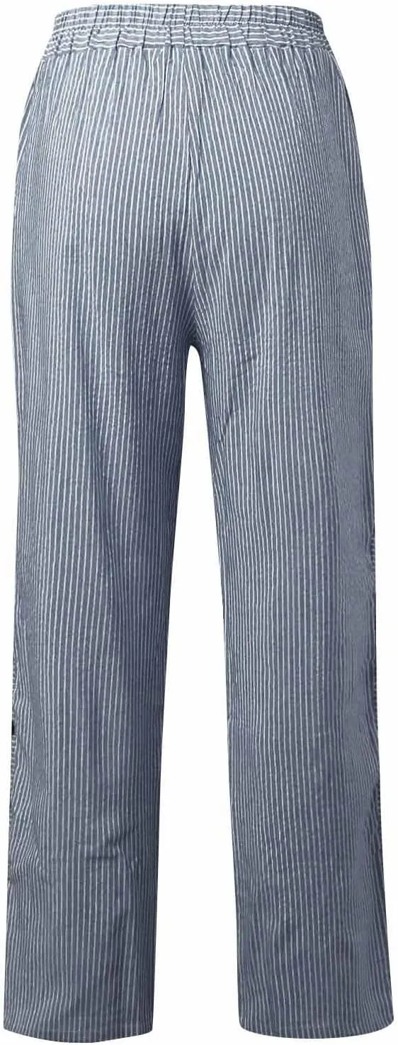Women's Striped Printed Side Button Loose Elastic Waist Comfortable Pockets Dressy Casual Fashion