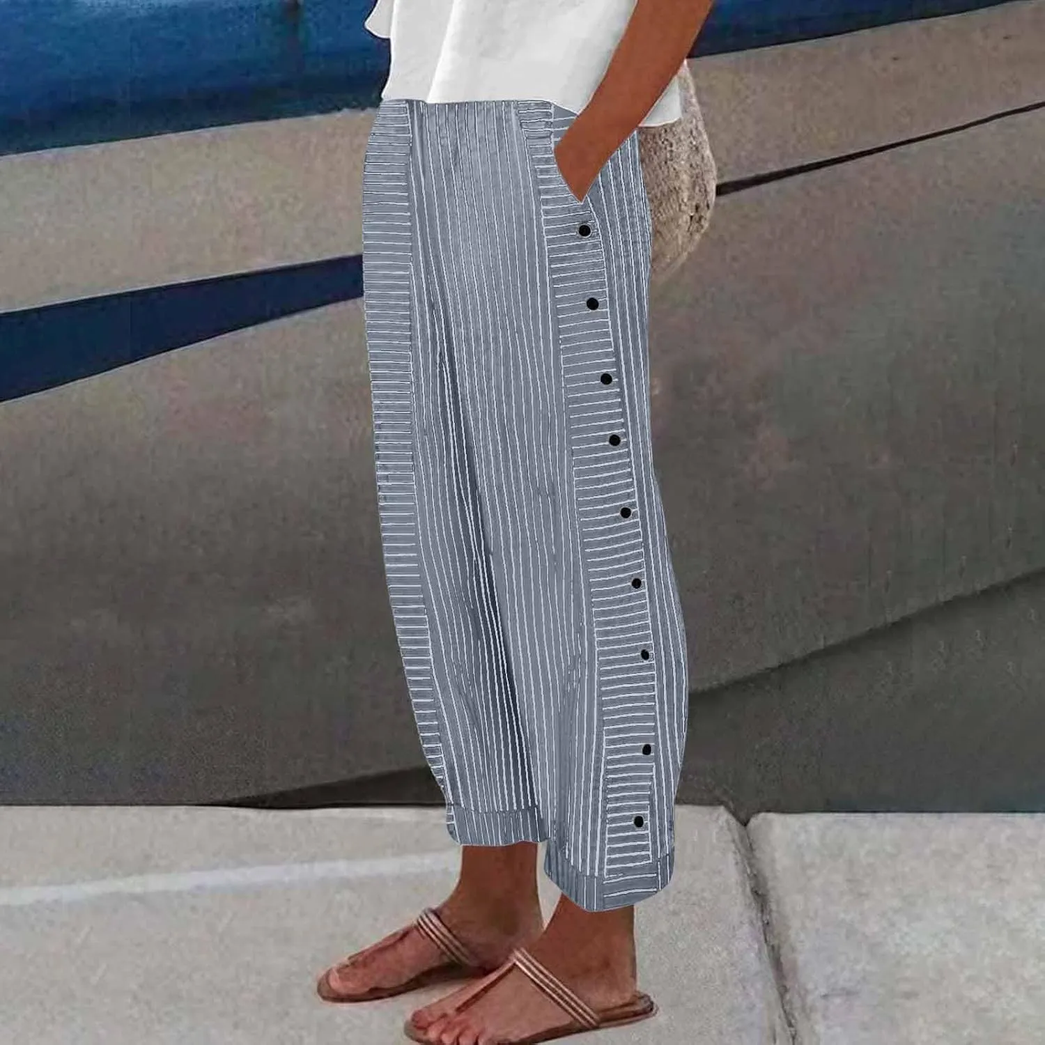 Women's Striped Printed Side Button Loose Elastic Waist Comfortable Pockets Dressy Casual Fashion