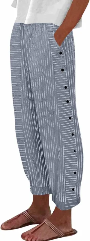 Women's Striped Printed Side Button Loose Elastic Waist Comfortable Pockets Dressy Casual Fashion