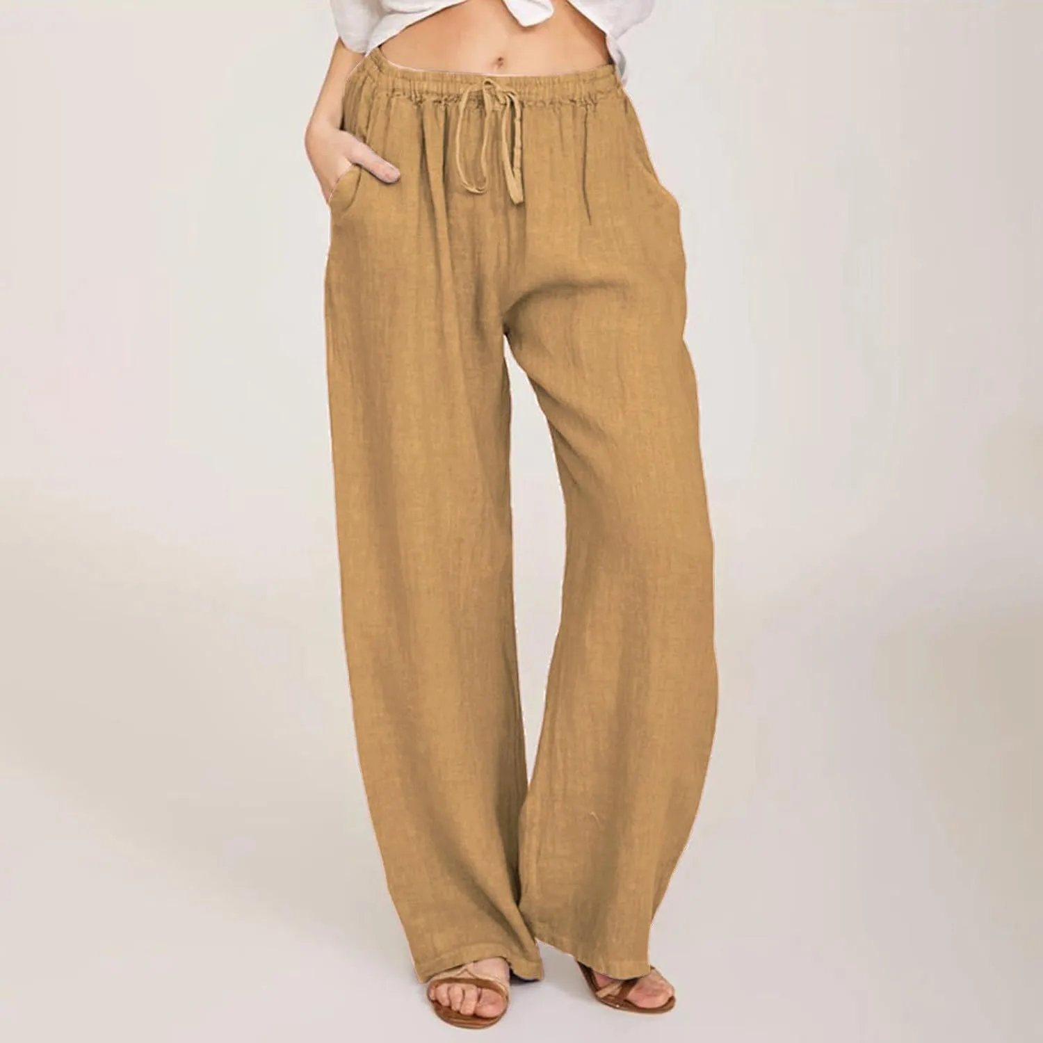 Women's Summer Linen Pants Flowy Wide Leg Long Lounge Pant Drawstring Trousers with Pocket