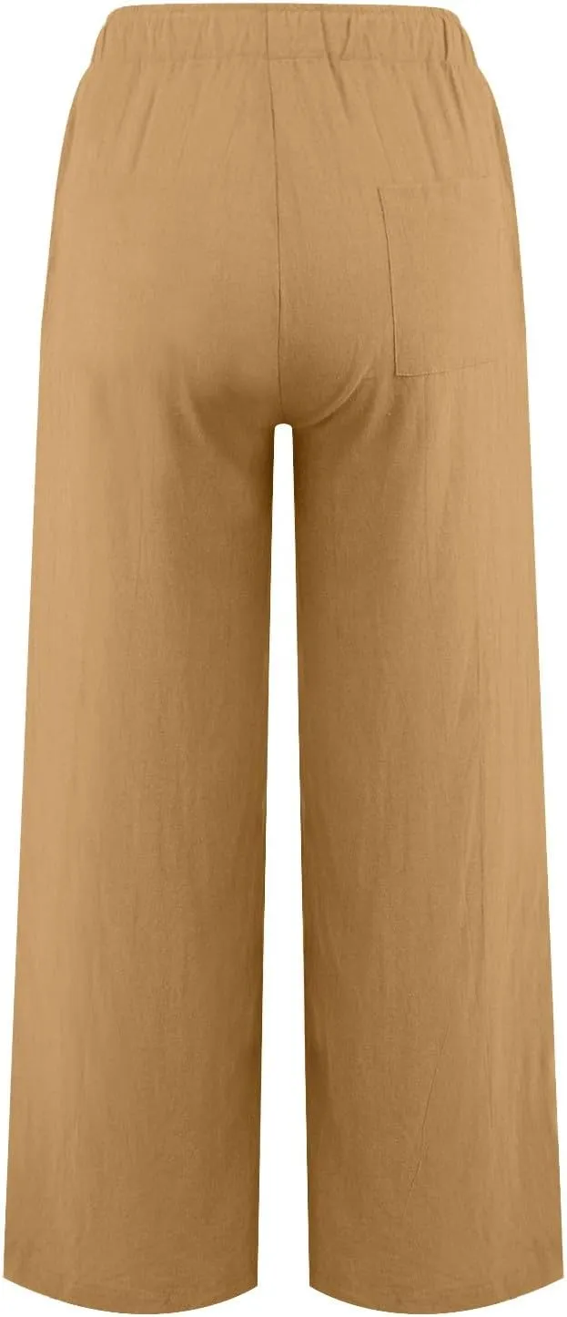 Women's Summer Linen Pants Flowy Wide Leg Long Lounge Pant Drawstring Trousers with Pocket