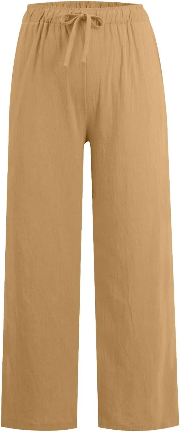 Women's Summer Linen Pants Flowy Wide Leg Long Lounge Pant Drawstring Trousers with Pocket