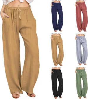 Women's Summer Linen Pants Flowy Wide Leg Long Lounge Pant Drawstring Trousers with Pocket