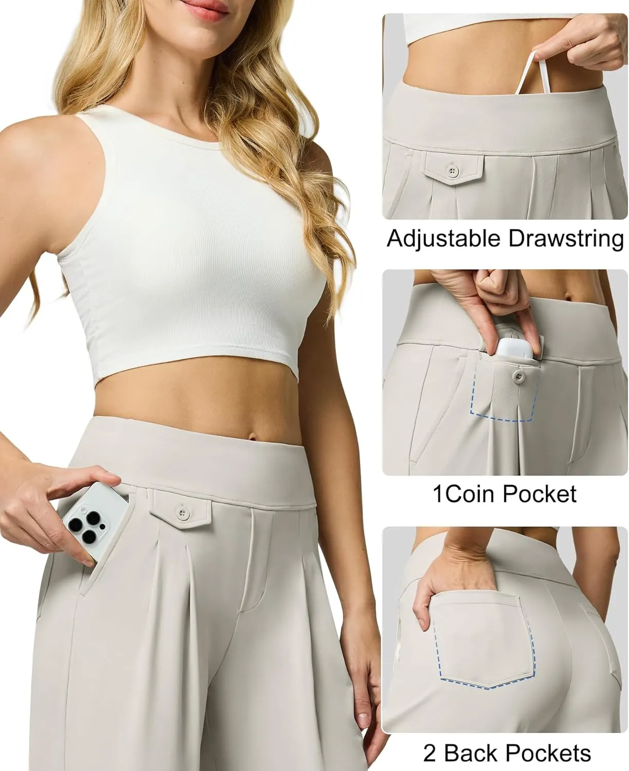 Womens Wide Leg Pants Pull On High Waist Stretch Dress Business Casual Yoga Work Pants with 5 Pockets