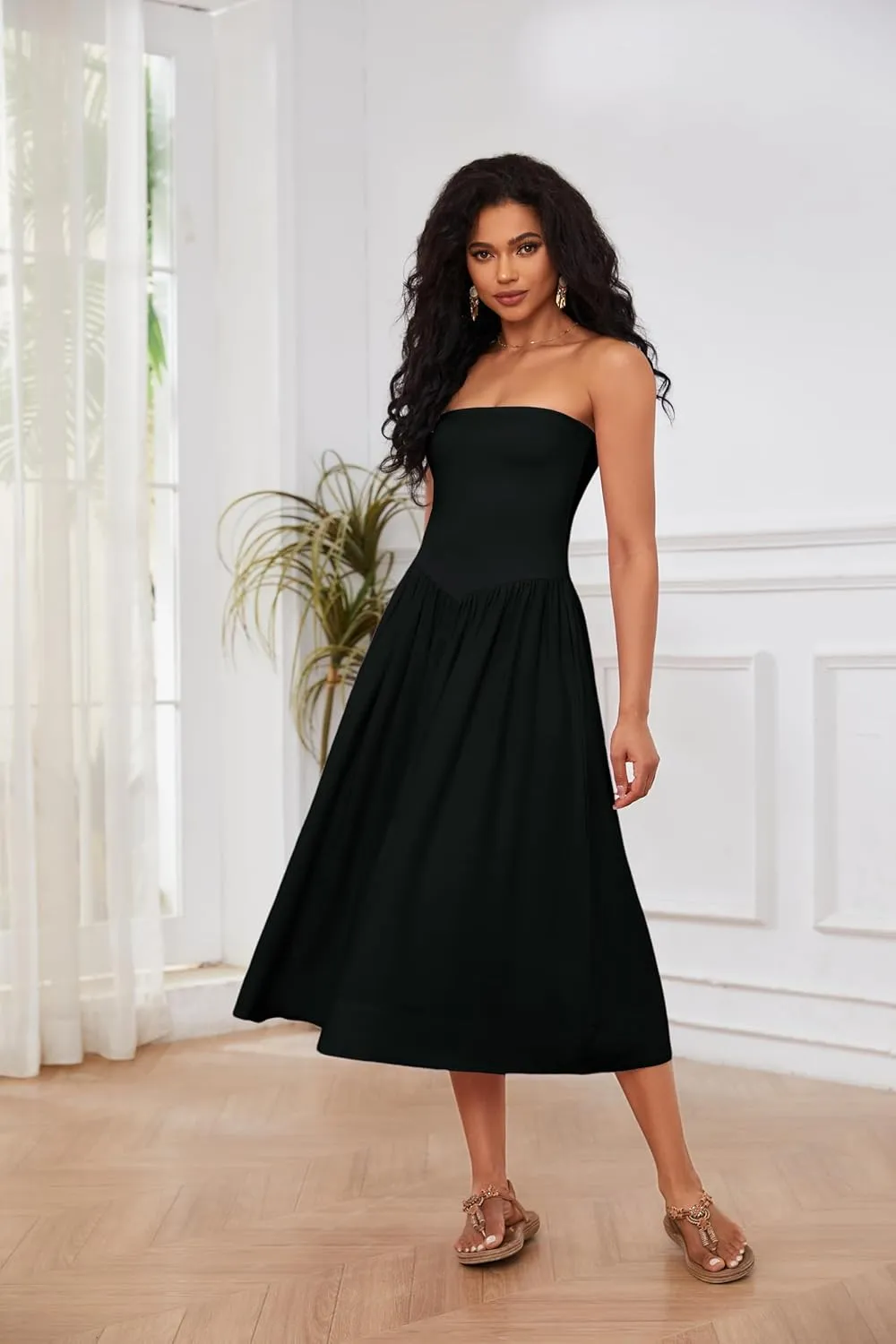 Ythomm Women Strapless Maxi Dress Casual Patchwork Pleated Backless Flowy Long Dress Summer Solid Tube Dresses with Pocket