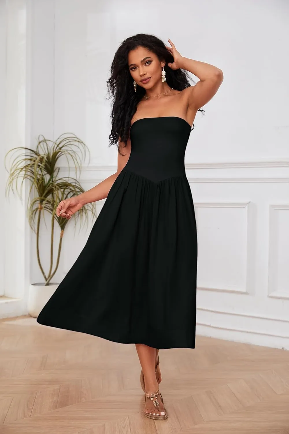 Ythomm Women Strapless Maxi Dress Casual Patchwork Pleated Backless Flowy Long Dress Summer Solid Tube Dresses with Pocket
