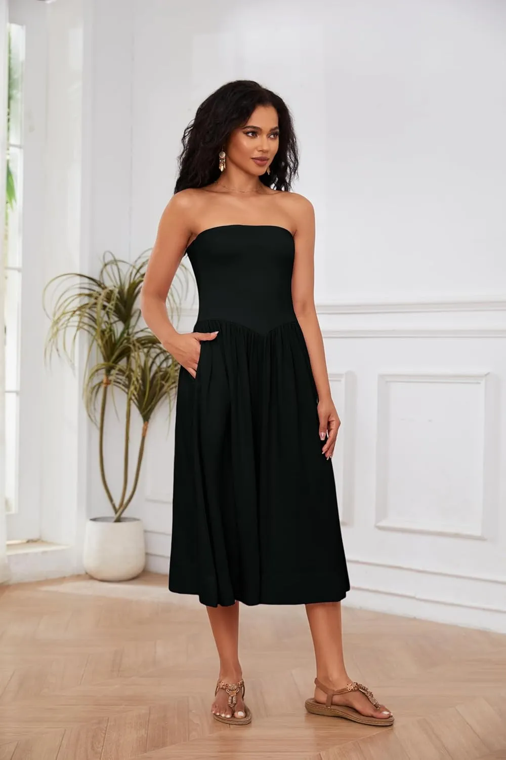 Ythomm Women Strapless Maxi Dress Casual Patchwork Pleated Backless Flowy Long Dress Summer Solid Tube Dresses with Pocket