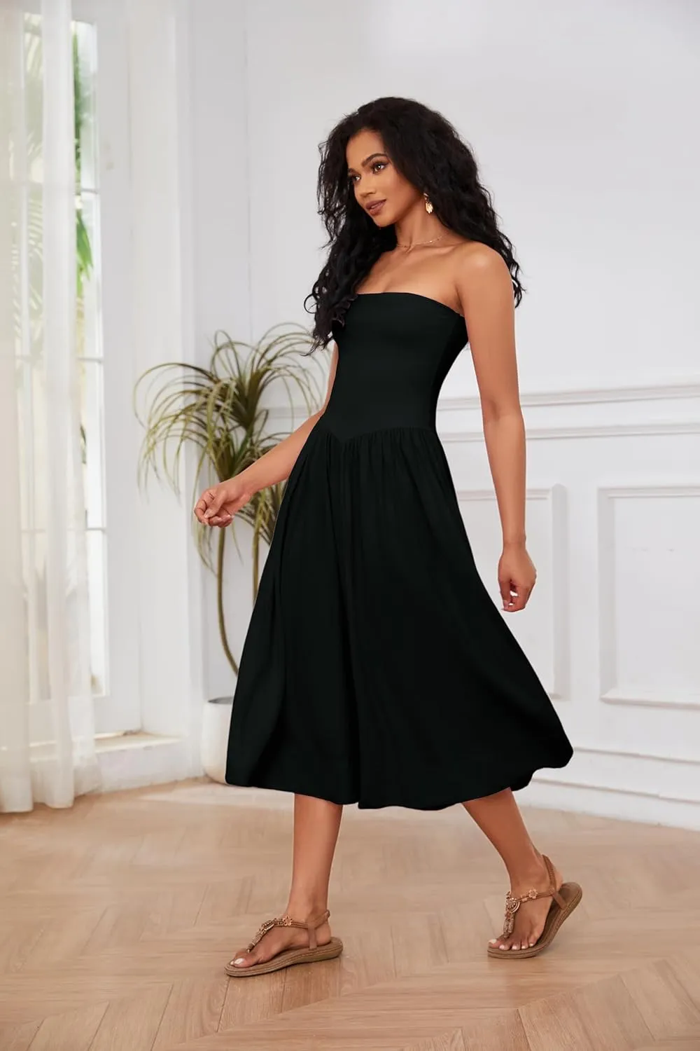 Ythomm Women Strapless Maxi Dress Casual Patchwork Pleated Backless Flowy Long Dress Summer Solid Tube Dresses with Pocket