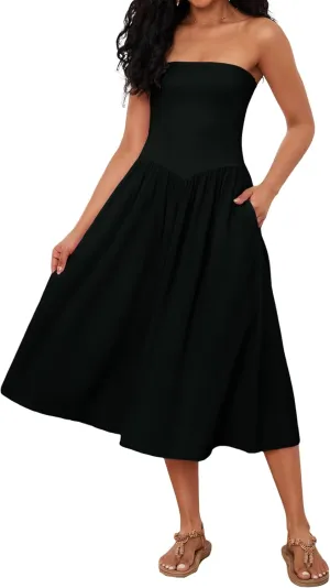 Ythomm Women Strapless Maxi Dress Casual Patchwork Pleated Backless Flowy Long Dress Summer Solid Tube Dresses with Pocket