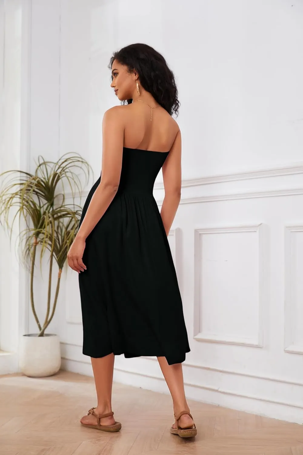 Ythomm Women Strapless Maxi Dress Casual Patchwork Pleated Backless Flowy Long Dress Summer Solid Tube Dresses with Pocket